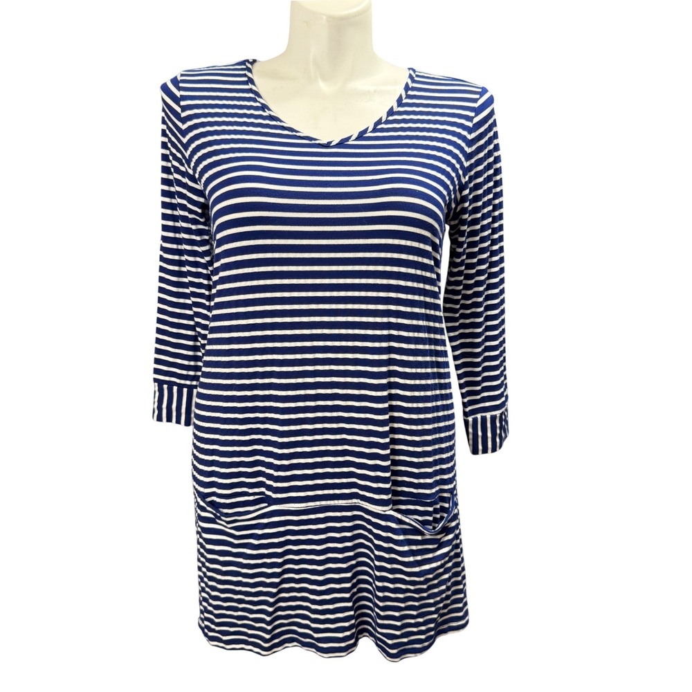 Nomadic Traders Womens Large Blue White Striped V-Neck Tunic Dress Pockets USA